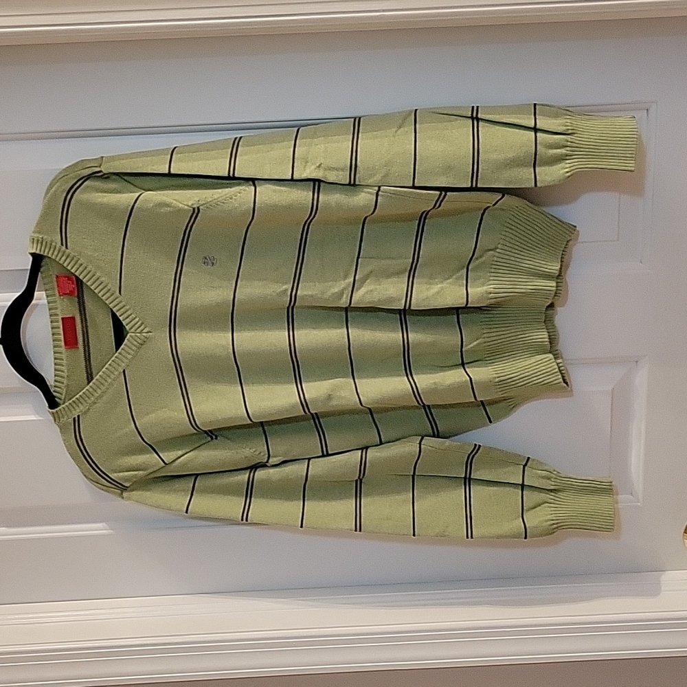 Izod light green and brown striped crew cotton sweater medium